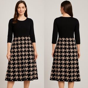 Danny & Nicole Knit Dress – Size M – Black Top + Houndstooth A-Line Skirt